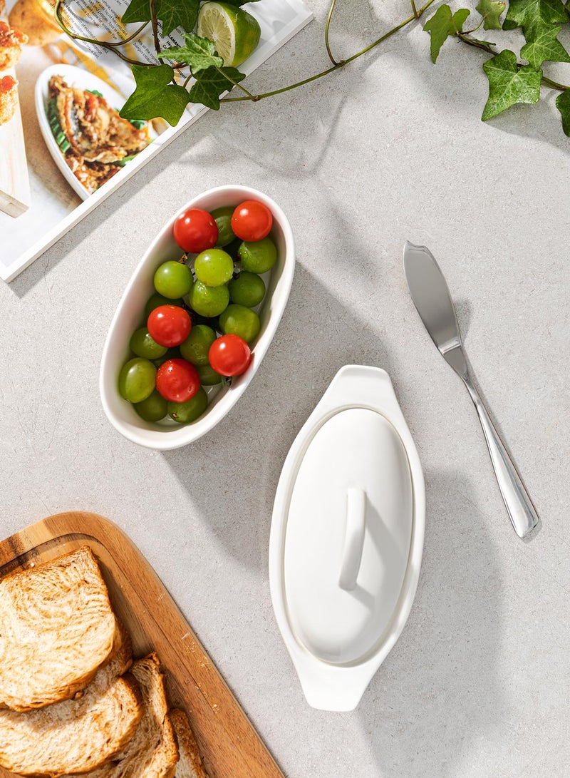 Better Butter طبق زبدة مع غطاء لسطح الطاولة - بورسلين أبيض، 3 قطع طبق زبدة كبير مع غطاء، حاوية حفظ الزبدة مع خط الماء مثالية للتخزين اليومي، حامل زبدة مع مقبض - لتزيين المطبخ - Image 4